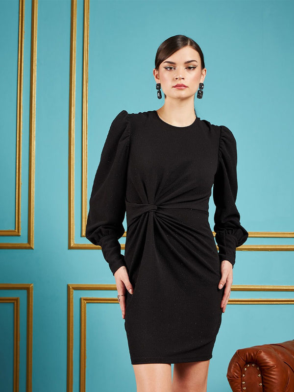 SASSAFRAS Black Self Design Puff Sleeves Gathered Detail Sheath Dress