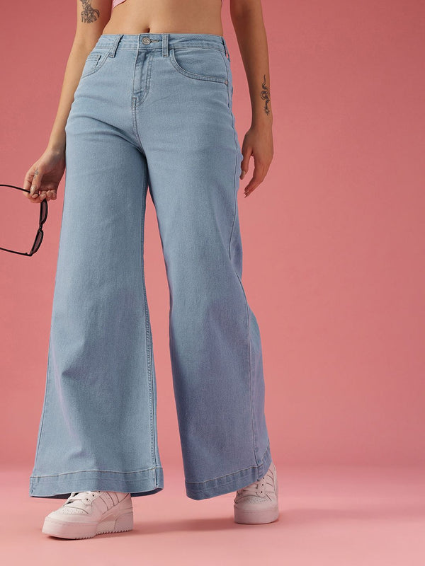 DressBerry Women Wide Leg Mid-Rise Light Fade Stretchable Jeans