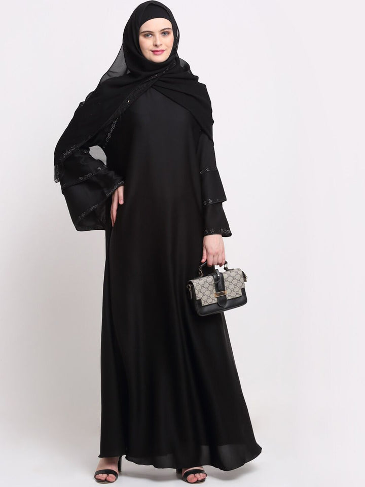 KLOTTHE Women Black & Silver-Coloured Embellished Burqas With Scarf