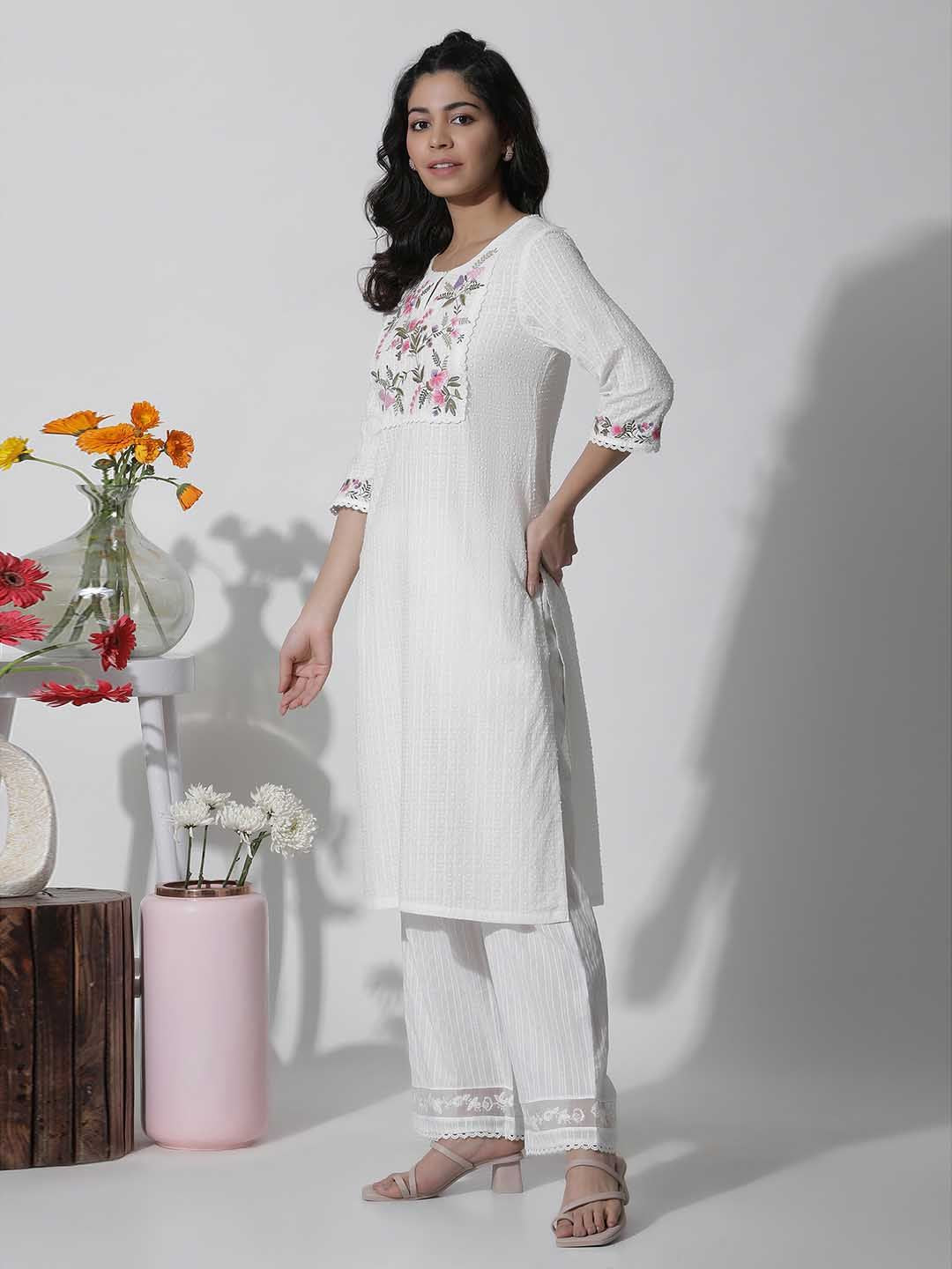 W Floral Yoke Design Thread Work Pure Cotton Straight Kurta