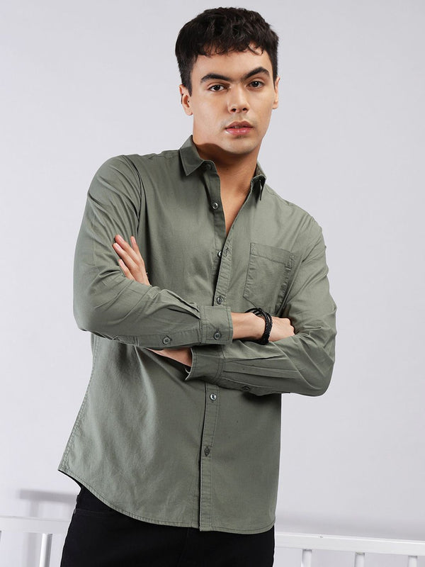 The Indian Garage Co Men Olive Green Solid Casual Shirt
