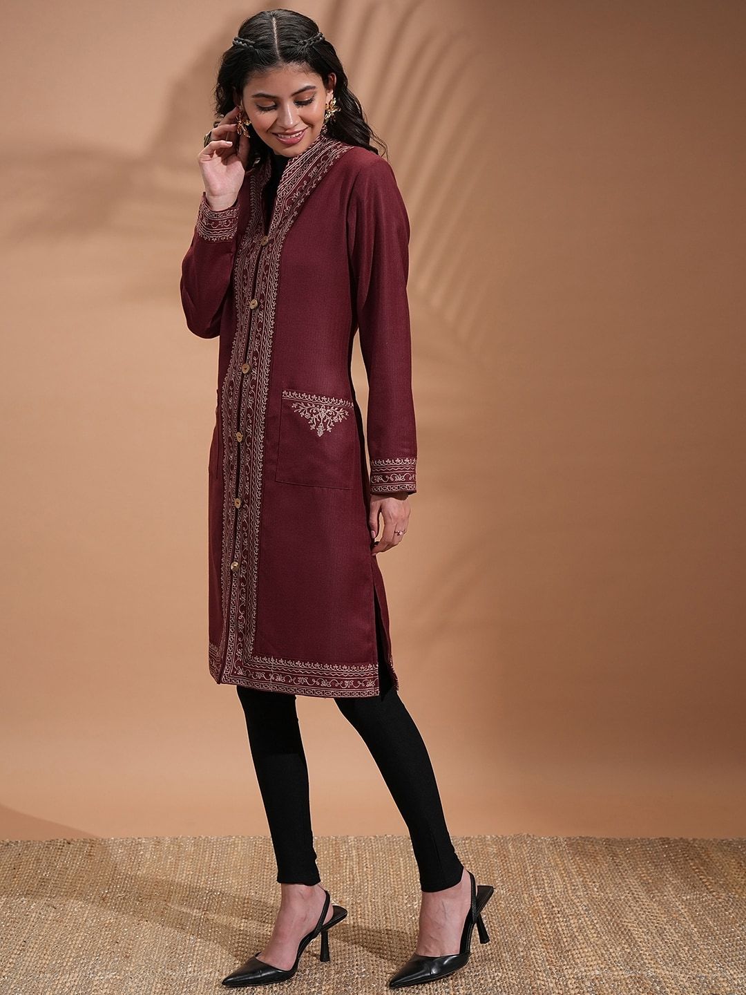 Vishudh Maroon Floral Embroidered Spread Collar Longline Tailored Jacket