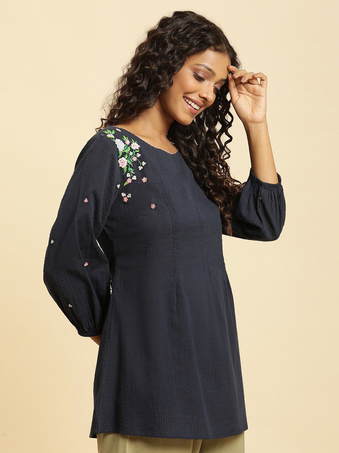 W Blue & Pink Vertical Striped Embroidered Pure Cotton Top