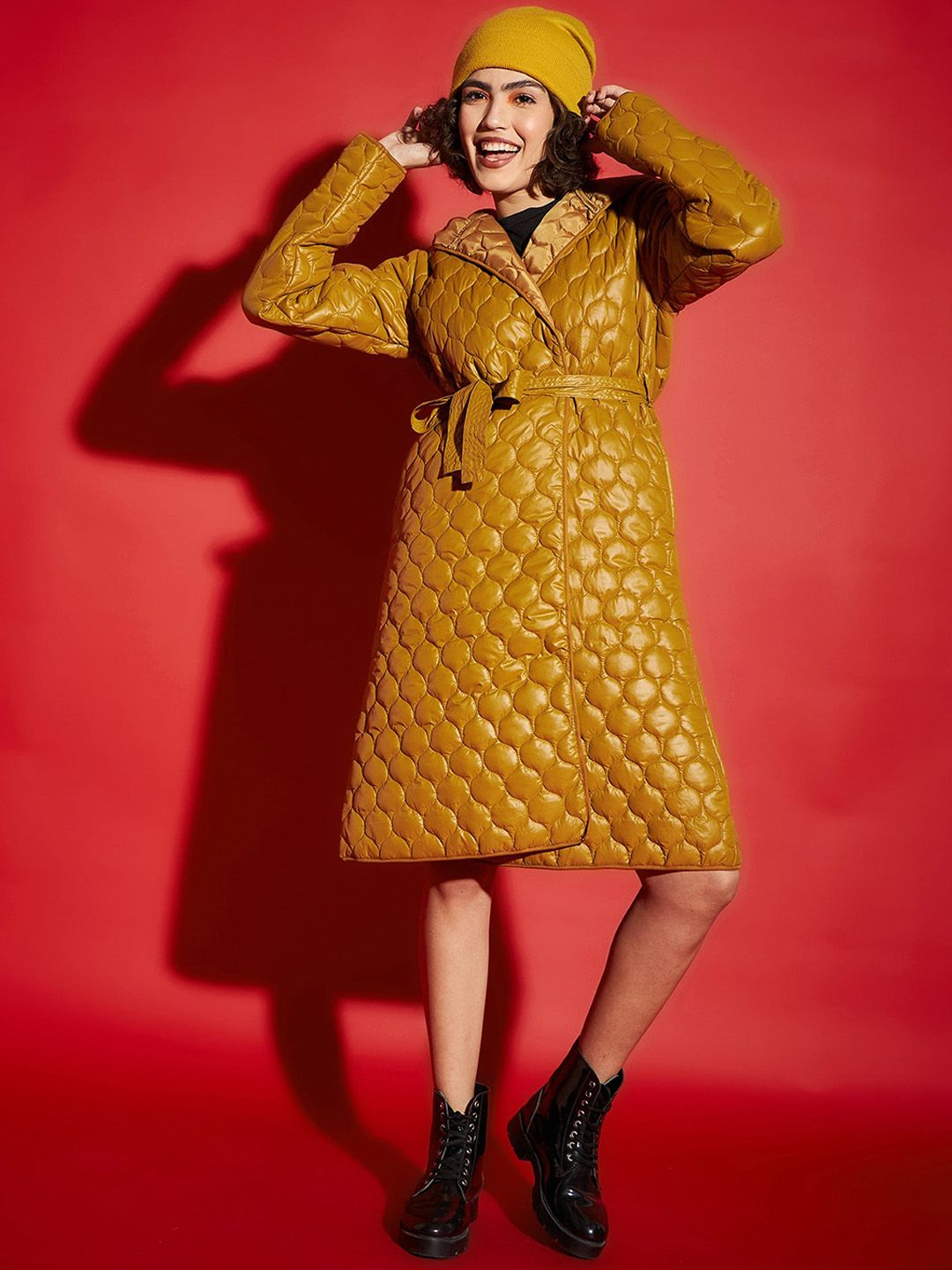 SASSAFRAS Mustard Yellow Hooded Longline Quilted Jacket With Belt
