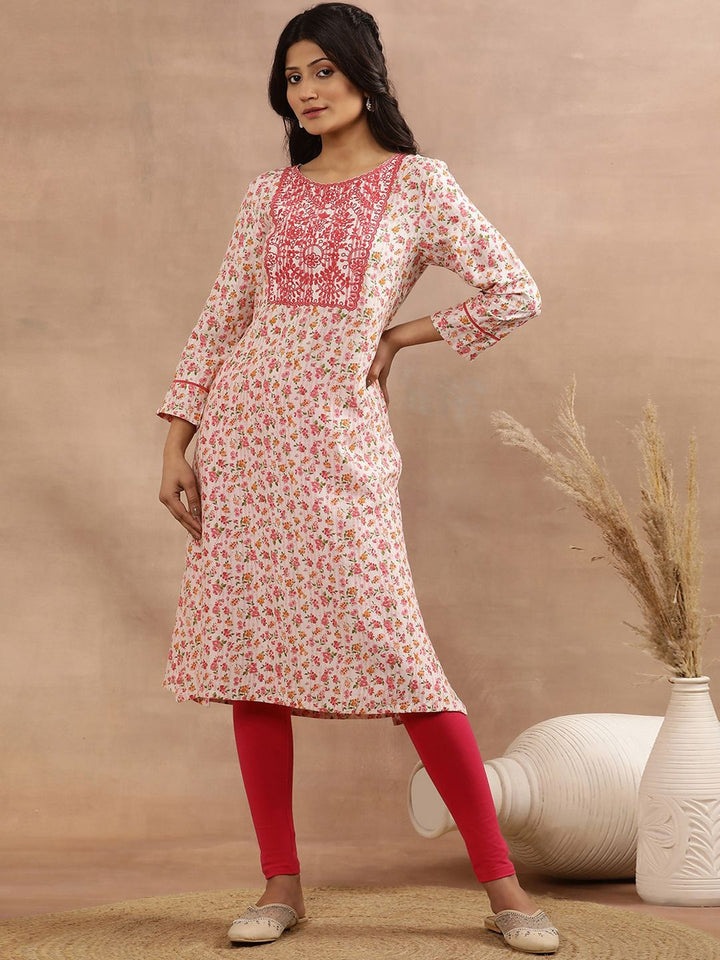 W White & Pink Floral Printed Thread Work Straight Kurta
