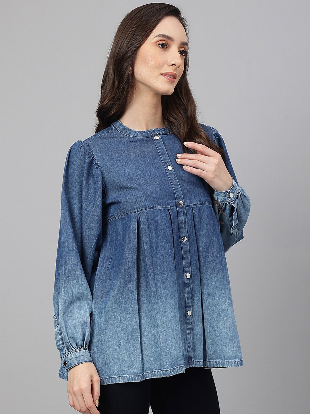 Janasya Women's Blue Denim Faded Flared Top