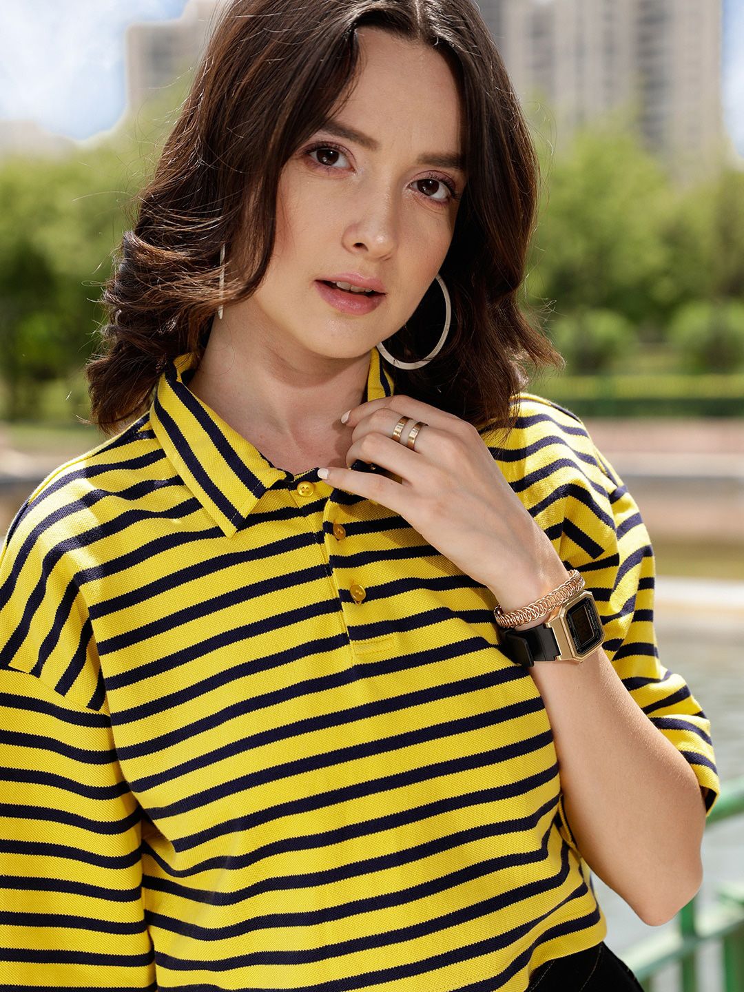STREET 9 Yellow Striped Polo Collar Pure Cotton T-shirt