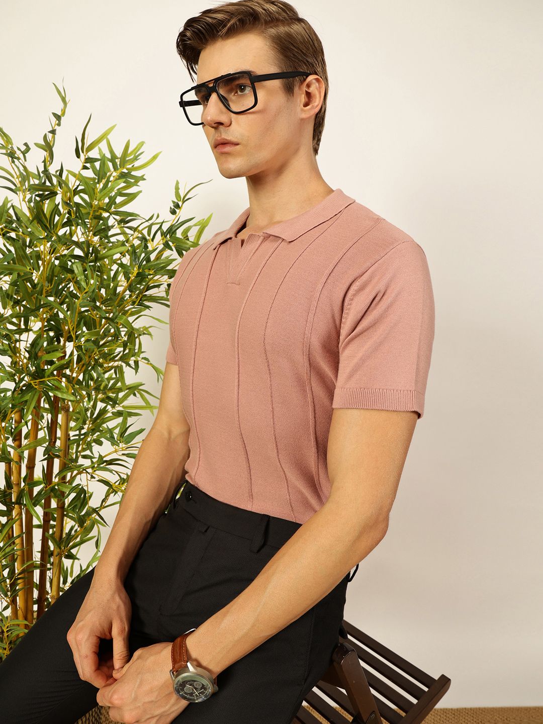 Thomas Scott Men Knit Striped Polo Collar T-shirt