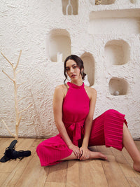 Berrylush Pink Halter Neck Pleated Culotte Jumpsuit