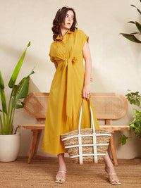 Berrylush Mustard Yellow Shirt Collar Extended Sleeves Tie-Up Detailed Midi Shirt Dress