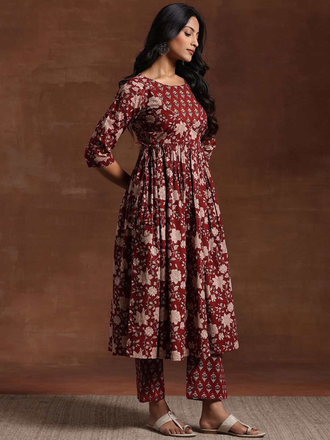 Libas Womens Maroon Printed Cotton Anarkali Kurta With Trousers & Dupatta