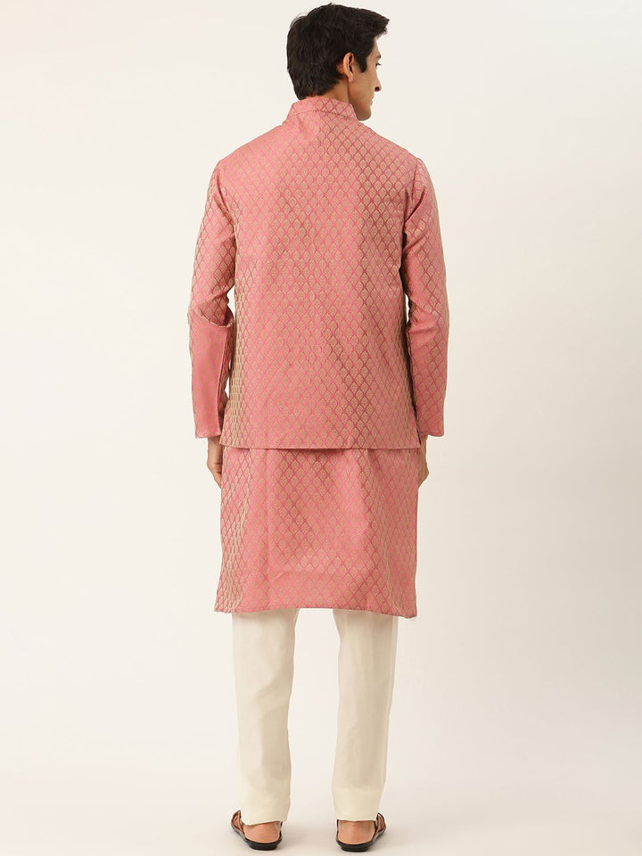 SOJANYA Kurta Motif Etnik Merah Jambu Lelaki dengan Jaket Churidar & Nehru