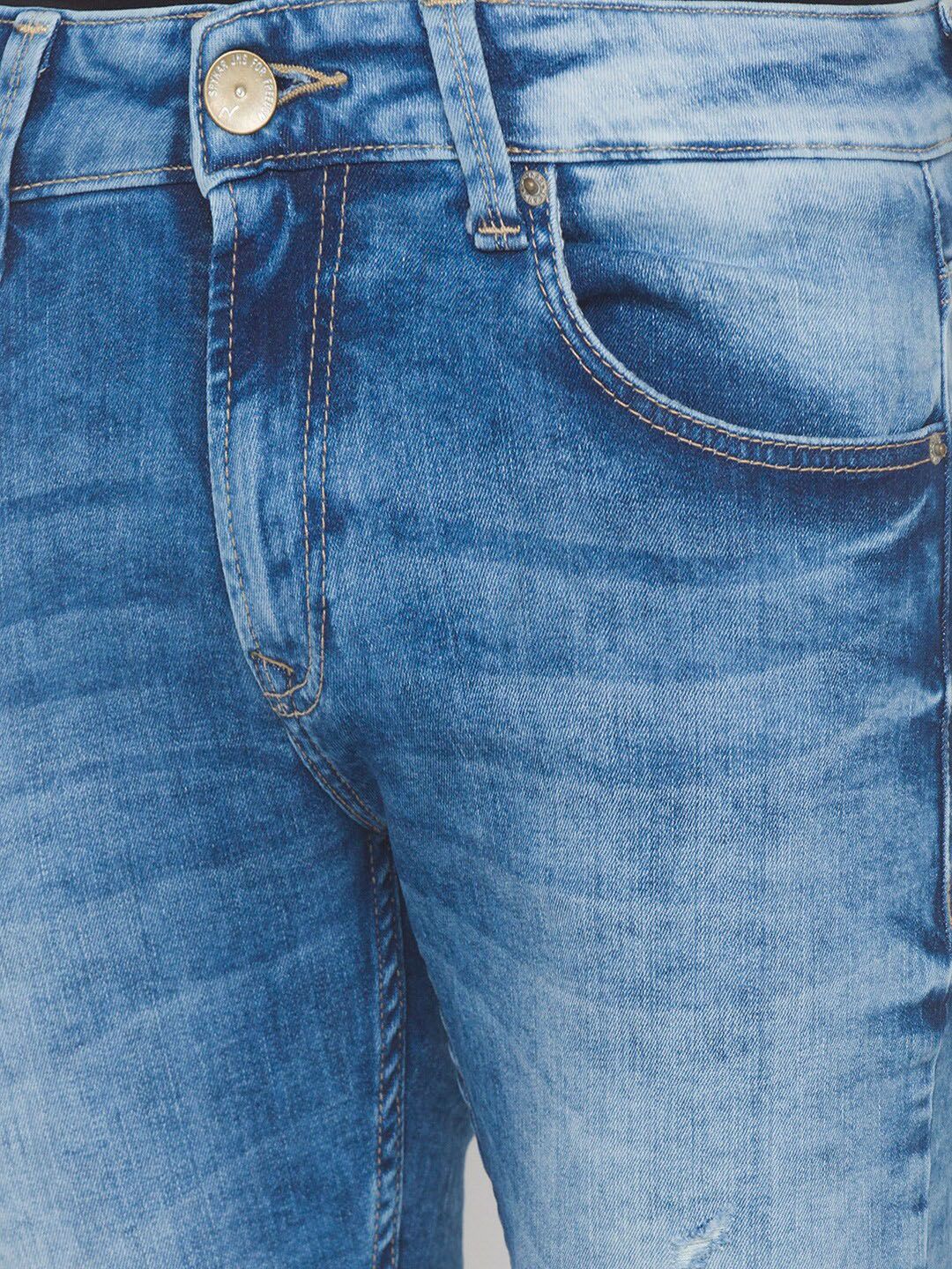 Spykar Men Blue Slim sesuai dengan seluar jeans pudar berat yang agak tertekan