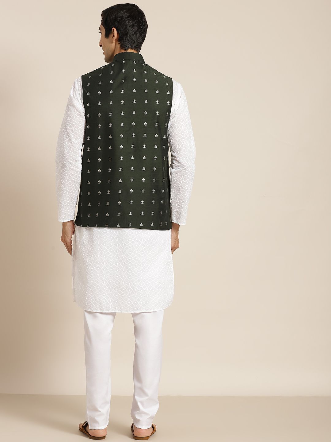 SOJANYA Men White Chikankari Pure Cotton Kurta with Churidar & Nehru Jacket