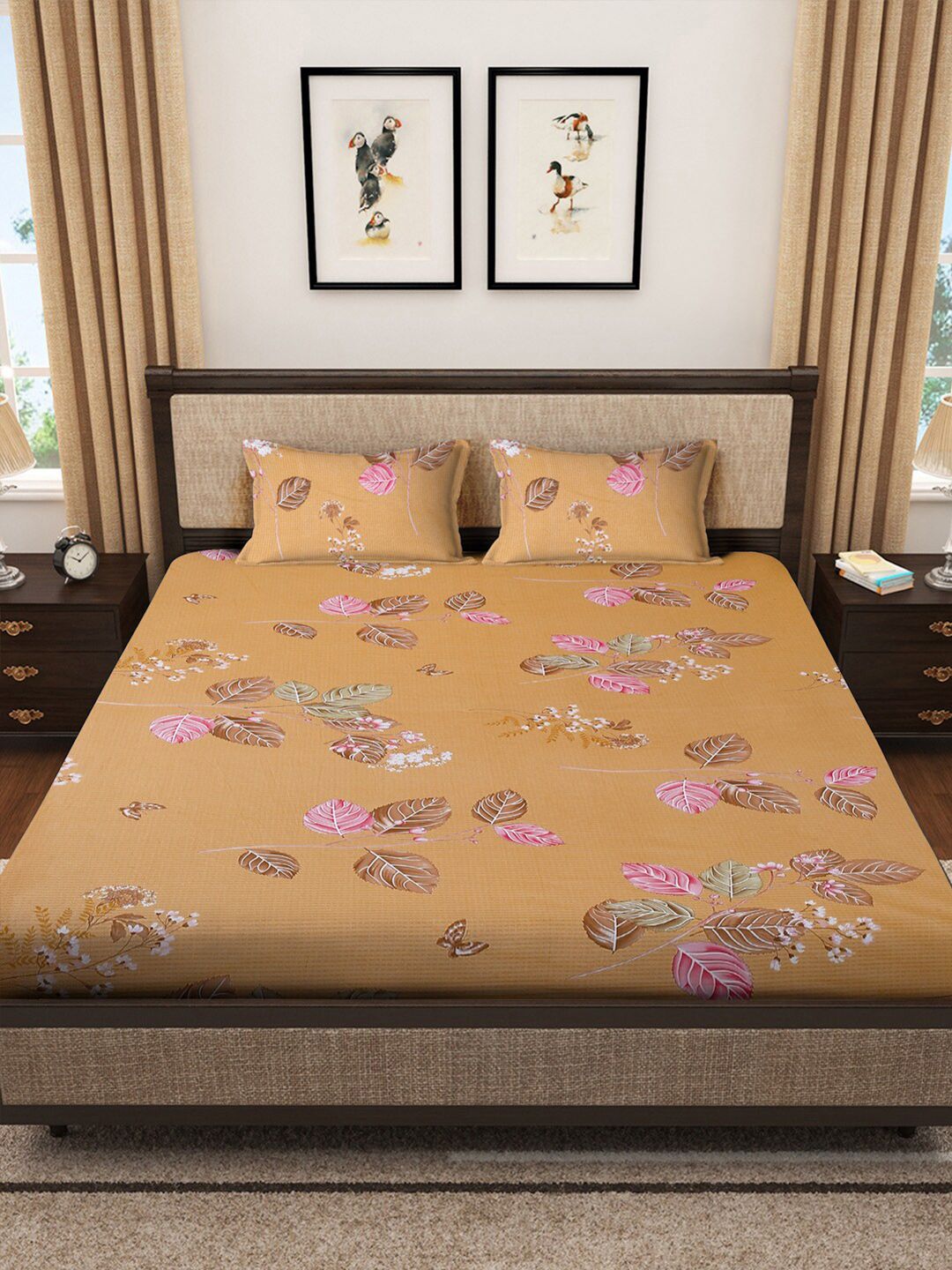 KLOTTHE Yellow Floral Pure Cotton 400 TC Fitted King Superfine Bedsheet with 2 Pillow Covers-98 x 89 inches