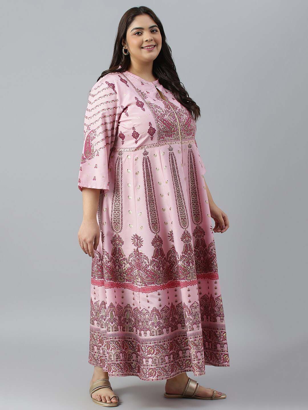 W Plus Size Ethnic Motifs Printed Keyhole Neck Maxi Fit & Flare Ethnic Dress