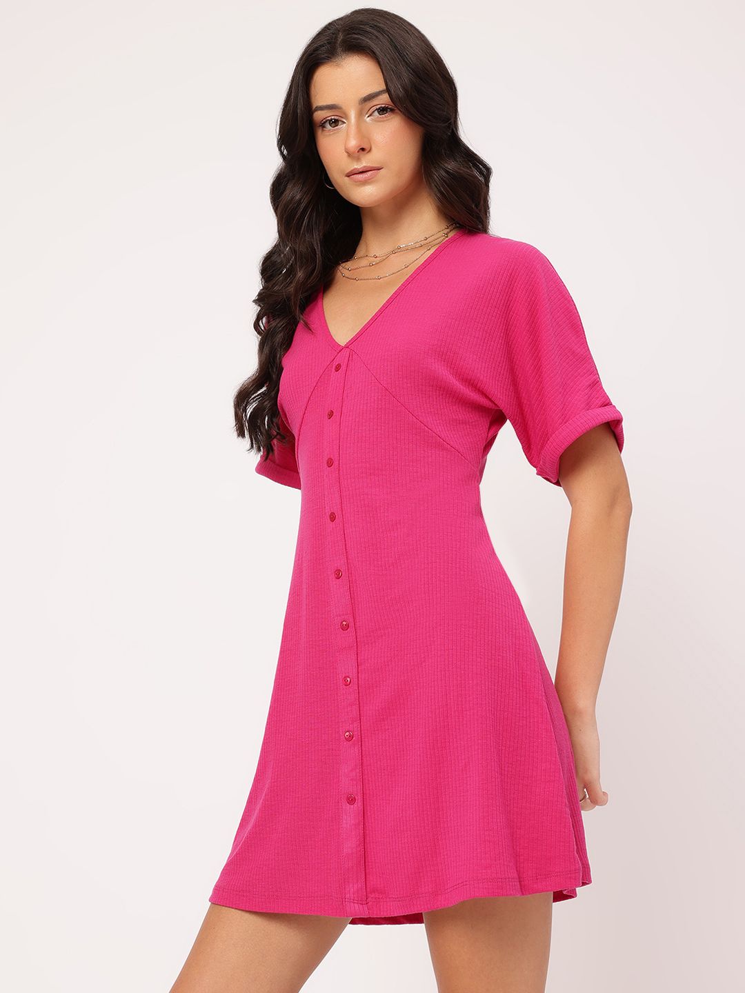 DressBerry Rib Knits Barbiecore Shirt-Style Dress