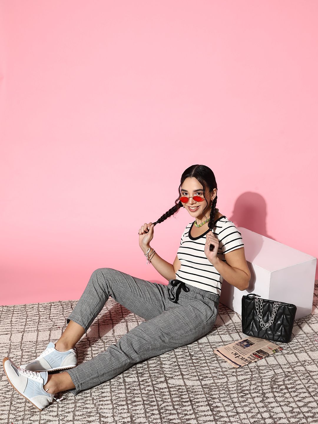 Berrylush Women  Grey Checked Utility Trousers