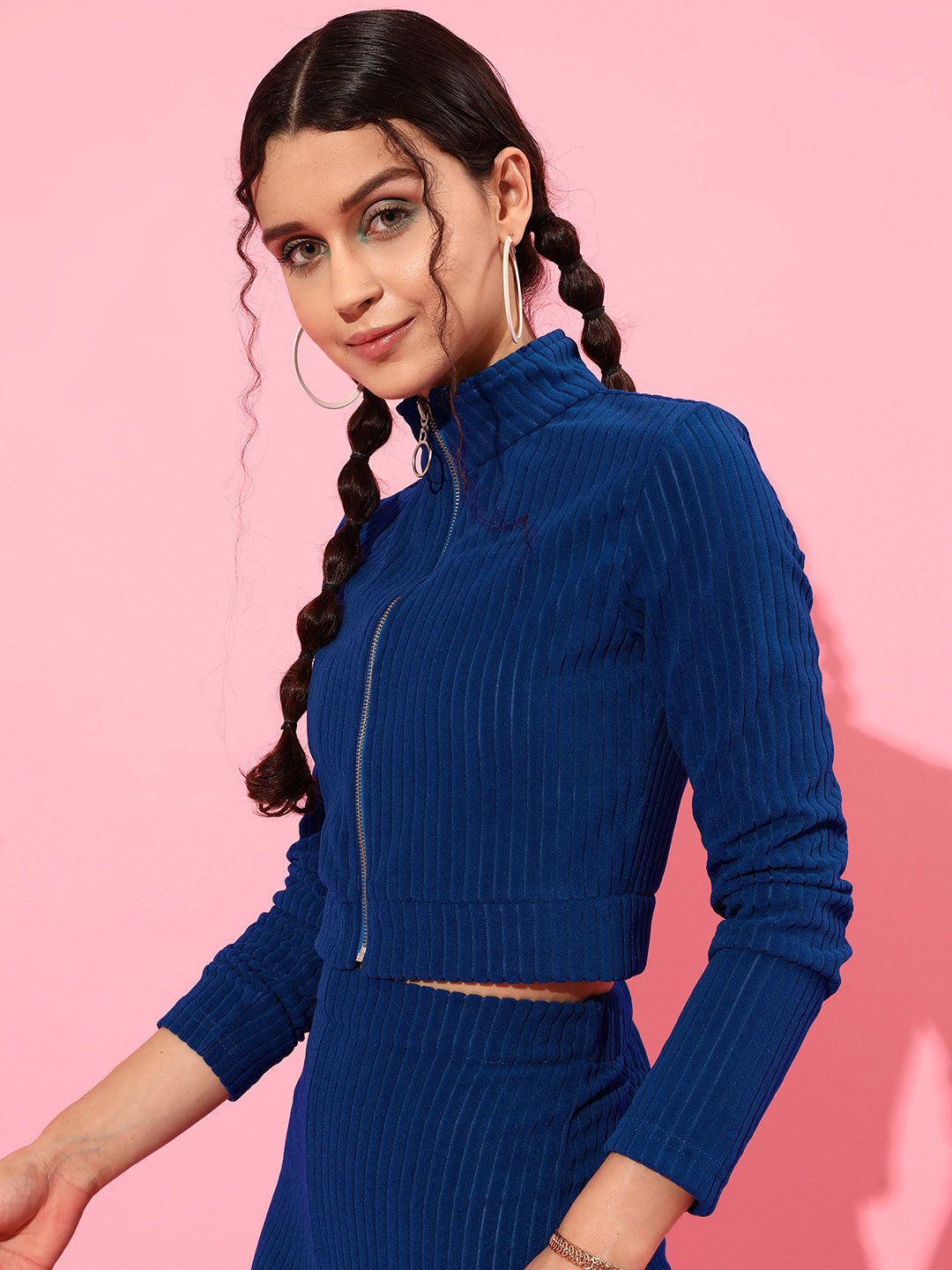 STREET 9 Women Blue Striped Crop Tailored Jacket