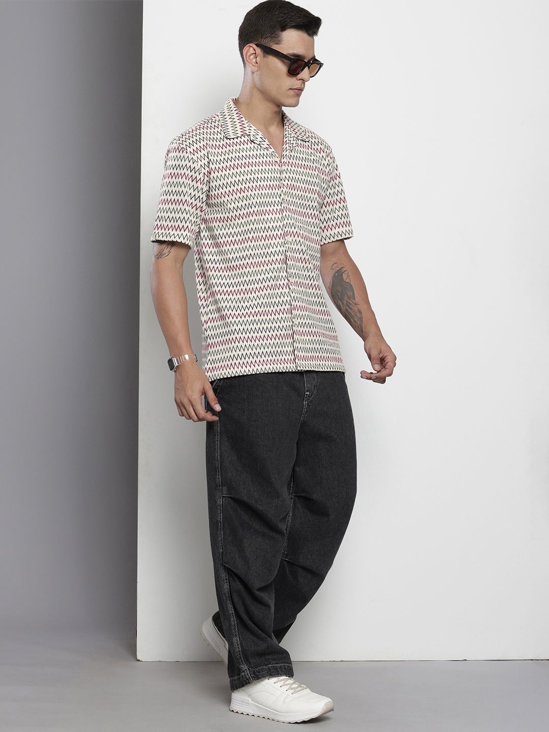The Indian Garage Co Men Relaxed Fit Textured Lace Crochet Resort Wear Shirt