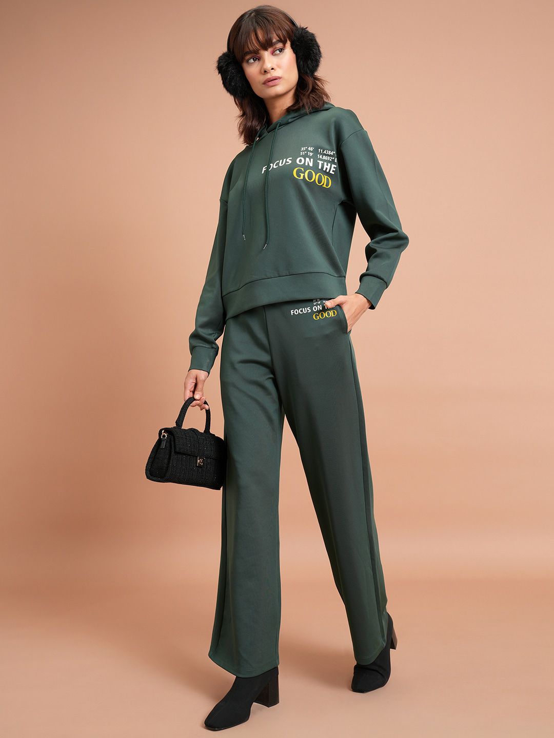 Tokyo Talkies Typography Printed Relaxed Fit Hooded Sweatshirt With Wide Leg Trousers