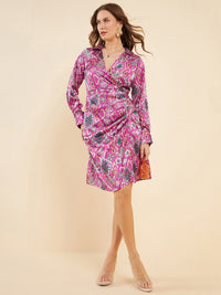 Antheaa Pink Abstract Printed Shirt Collar Cuffed Sleeves Satin Wrap Dress