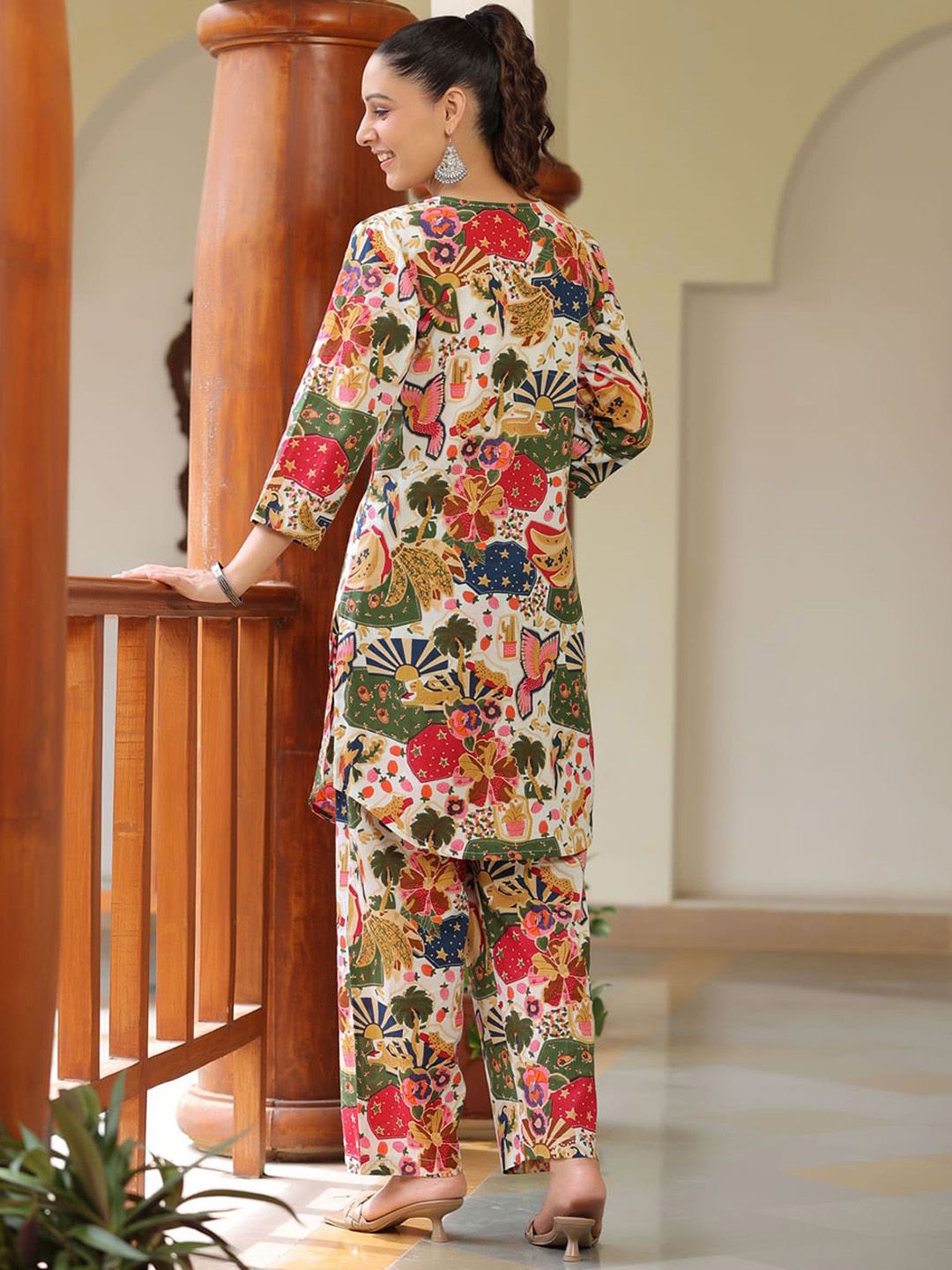 Rain & Rainbow Printed Pure Cotton Round Neck Tunic With Trousers