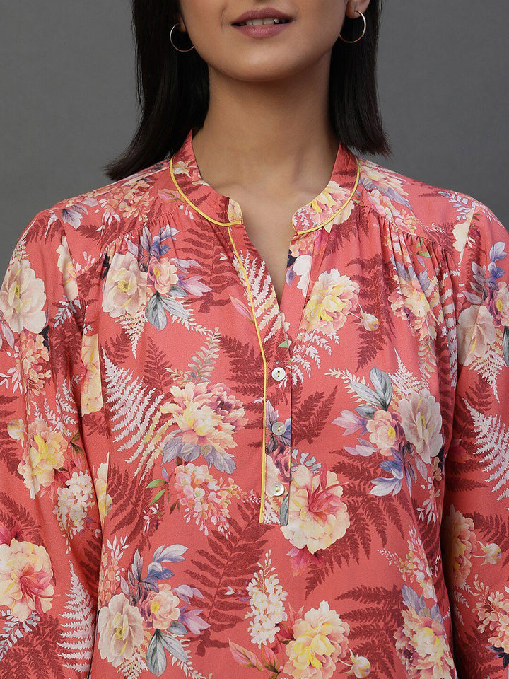 AURELIA Floral Printed Mandarin Collar Pure Cotton Kurti