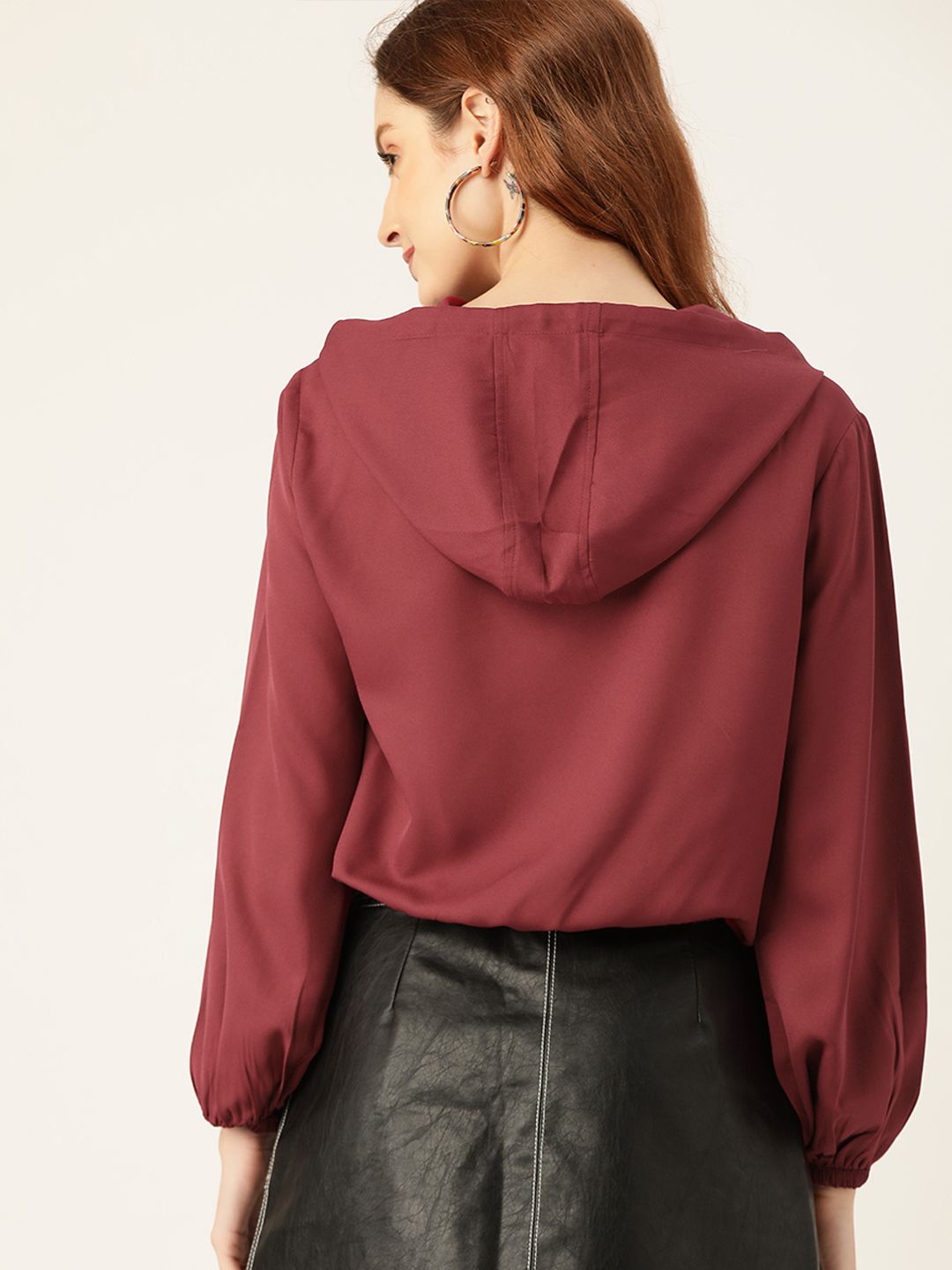 DressBerry Burgundy Hooded Solid Blouson Crop Top