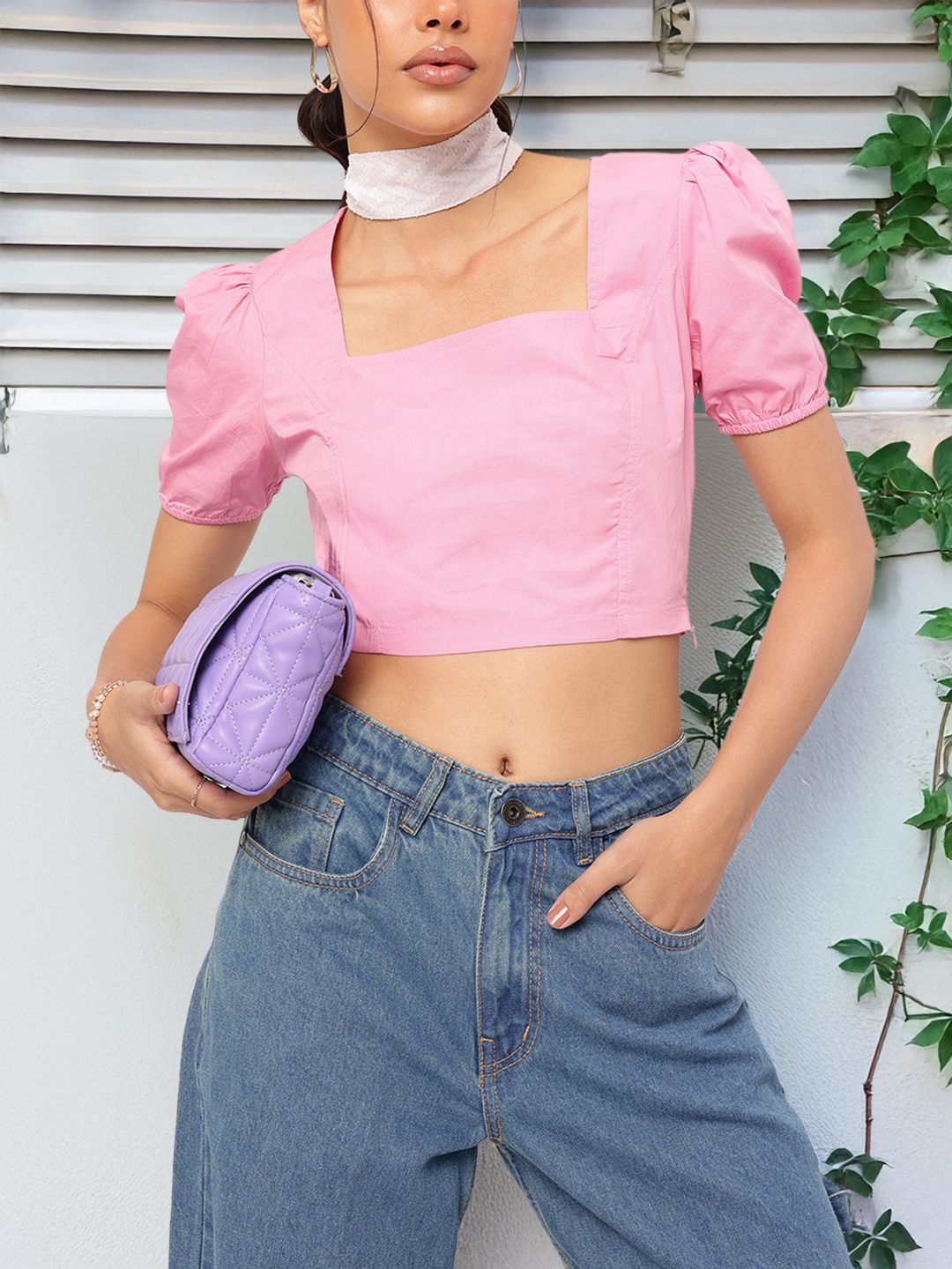 DressBerry Cute & Chic Blush Pink Square Neck Puff-Sleeve Crop Top
