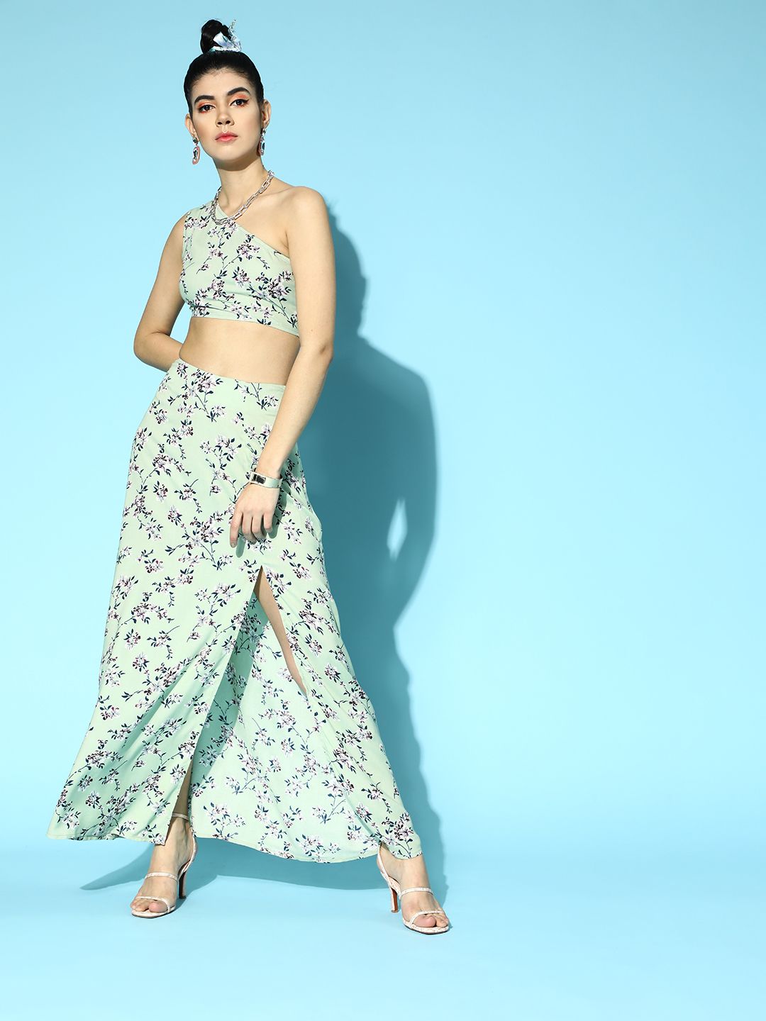Berrylush Women Gorgeous Green Printed Top with Skirt