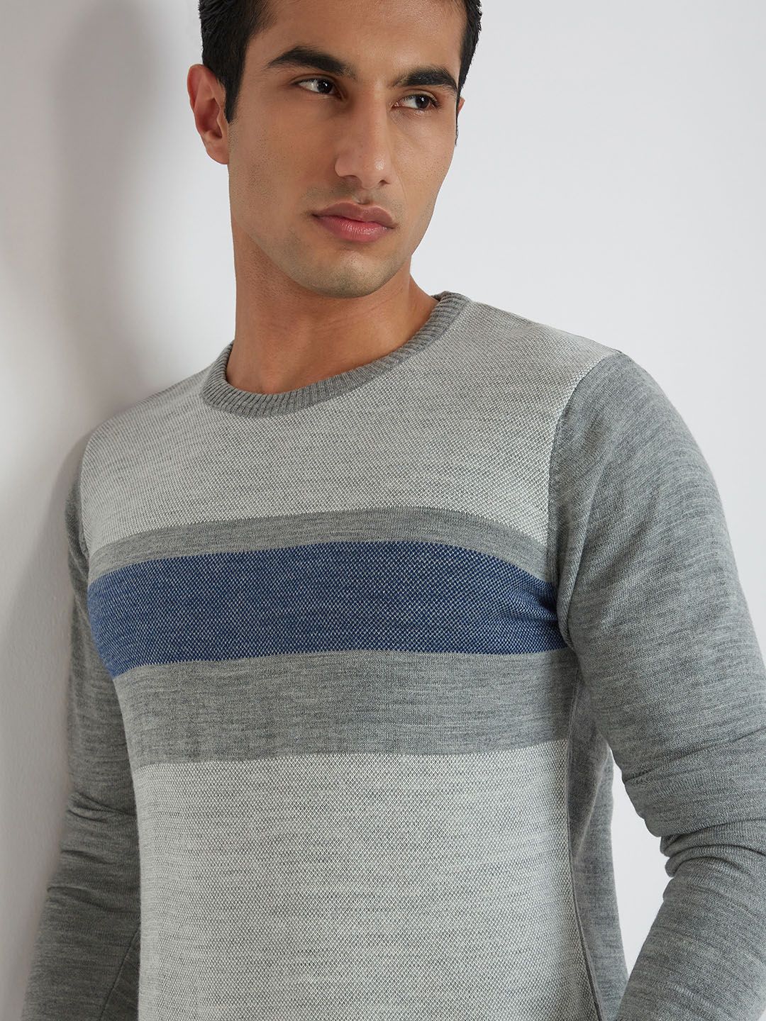 Raymond Men Grey Melange & Blue Striped Woolen Pullover