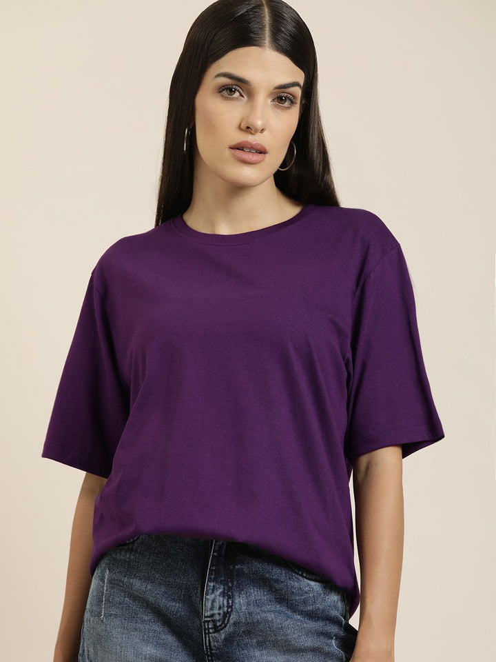DILLINGER Women Purple Solid Pure Cotton Oversized T-shirt