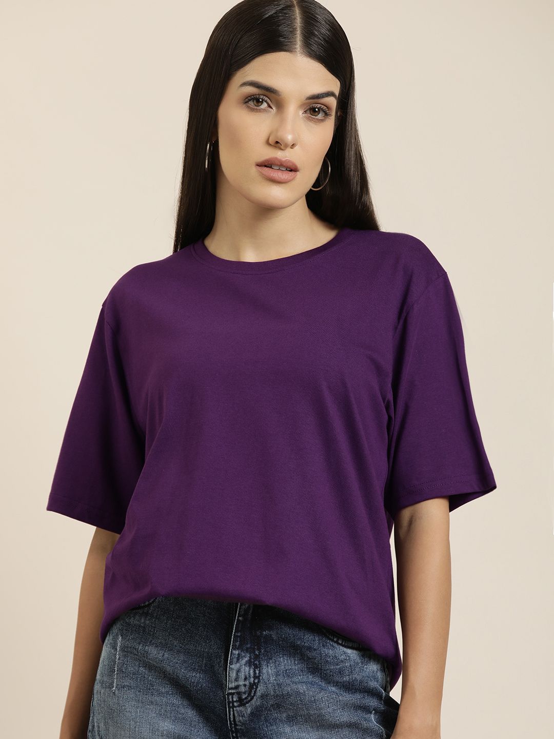 DILLINGER Women Purple Solid Pure Cotton Oversized T-shirt