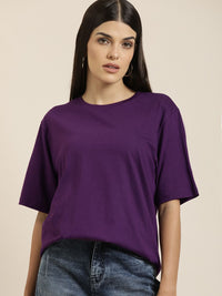 DILLINGER Women Purple Solid Pure Cotton Oversized T-shirt