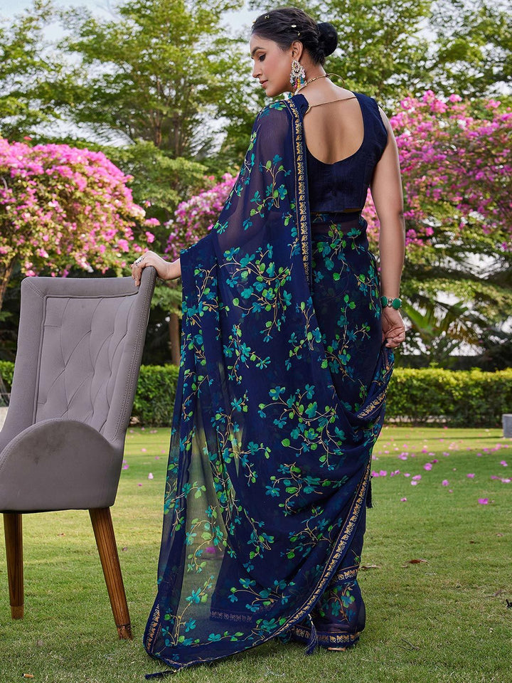 KALINI Women Blue Floral Pure Chiffon Saree