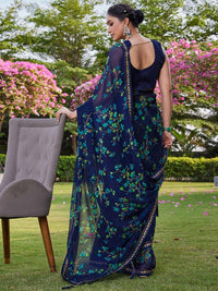 KALINI Women Blue Floral Pure Chiffon Saree
