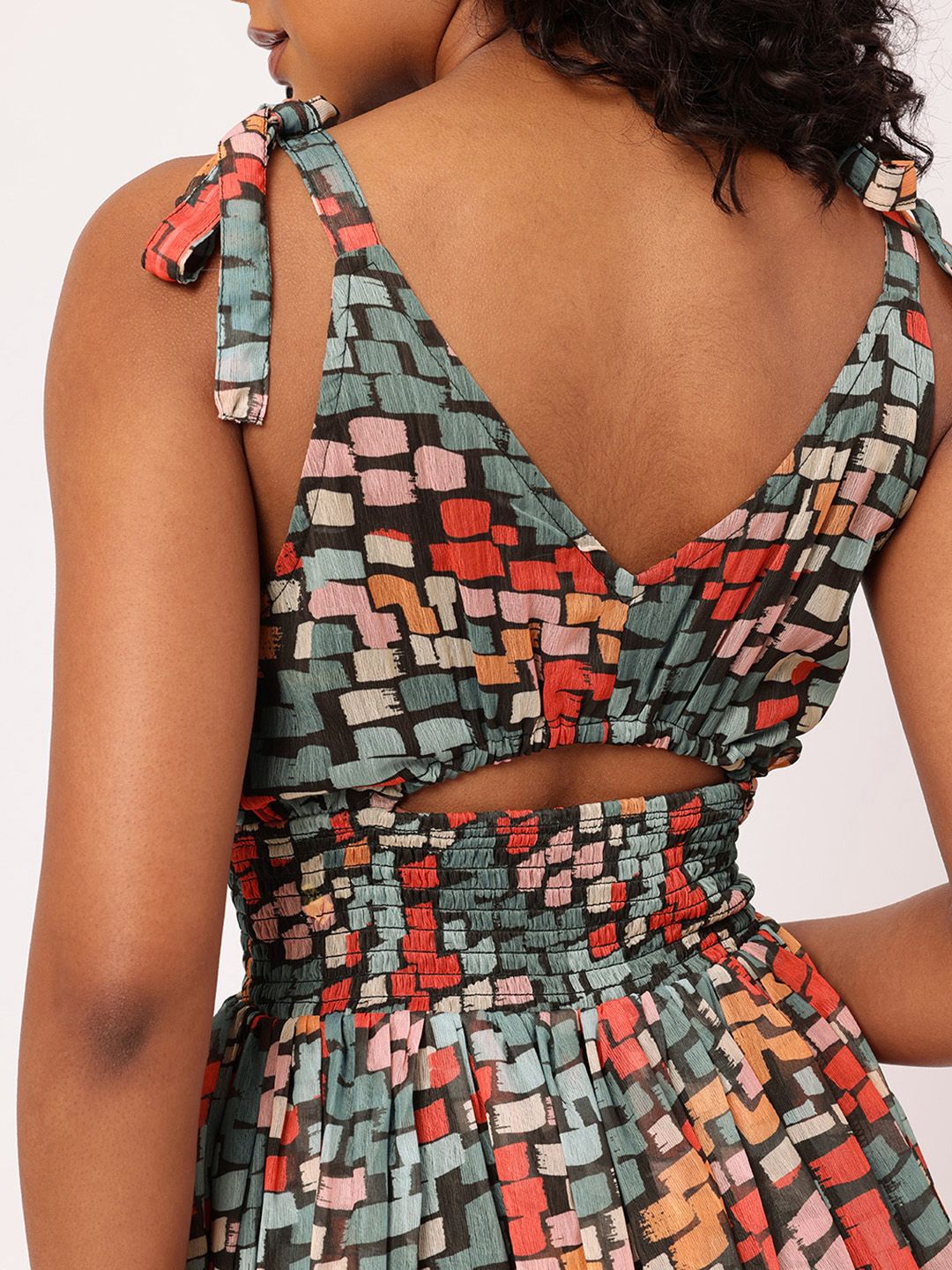 Coachella Hippie Cinched Waist Smocked Cut-Outs A-Line Mini Dress