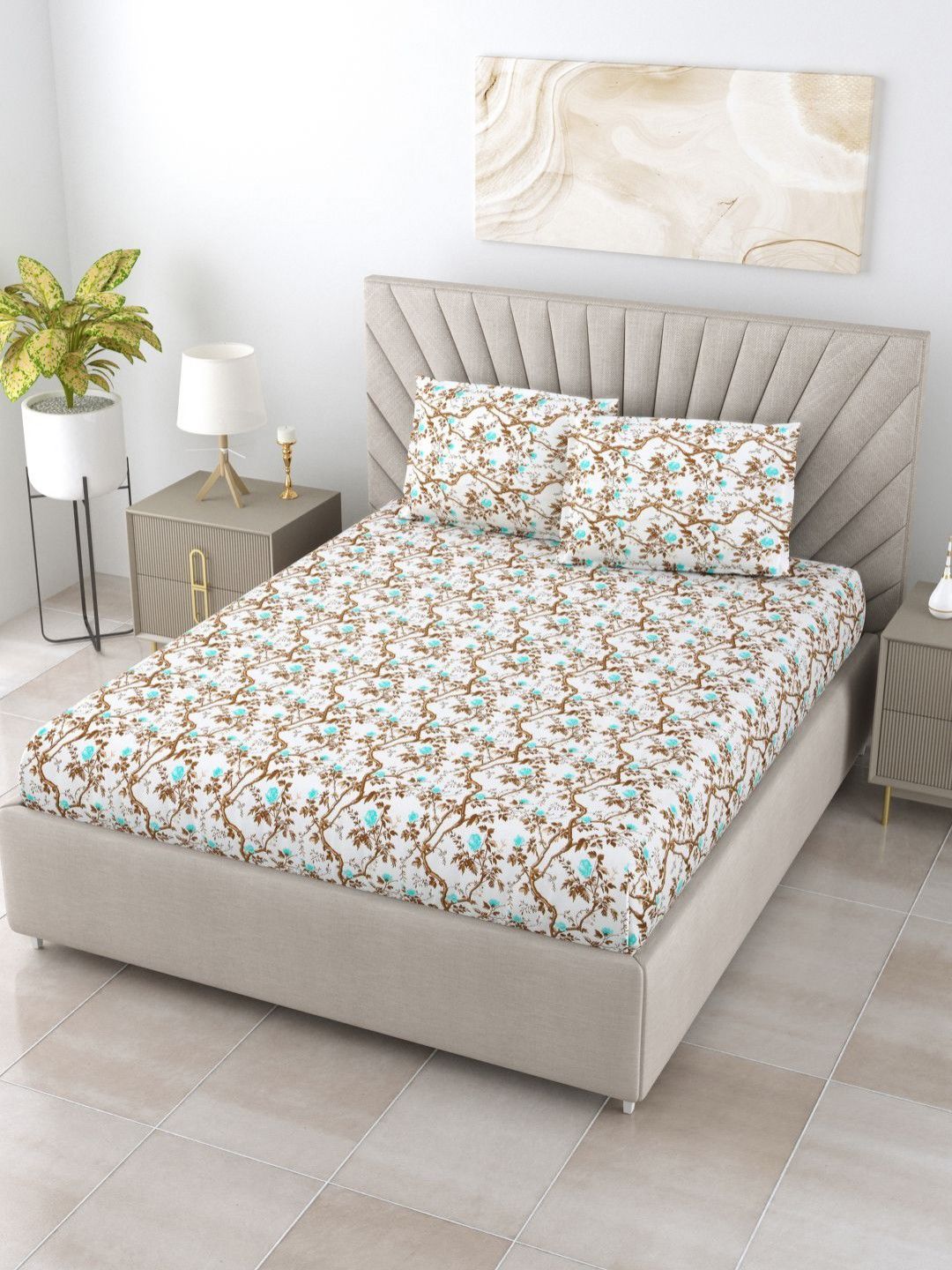 BOMBAY DYEING Brown & Blue Floral Pure Cotton 144 TC Queen Bedsheet Set 2.28 x 2.54 Mts