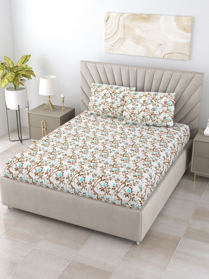 BOMBAY DYEING Brown & Blue Floral Pure Cotton 144 TC Queen Bedsheet Set 2.28 x 2.54 Mts