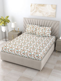 BOMBAY DYEING Brown & Blue Floral Pure Cotton 144 TC Queen Bedsheet Set 2.28 x 2.54 Mts
