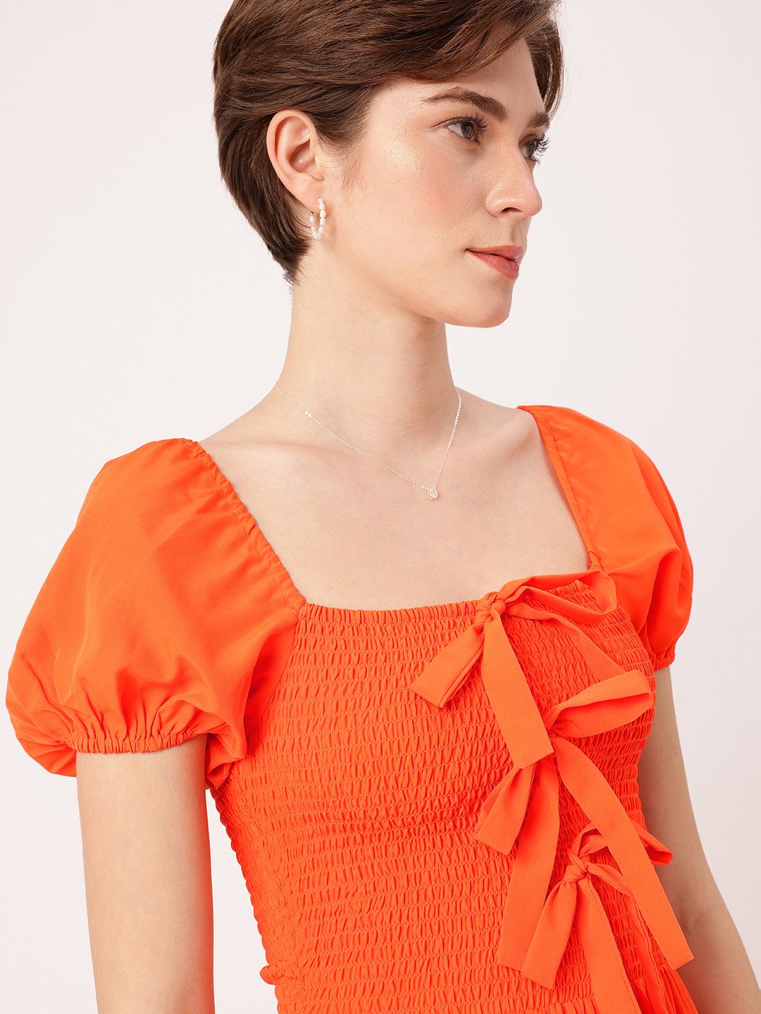 DressBerry Dreamy Drapes Smocked & Bow Detailed A-Line Mini Dress