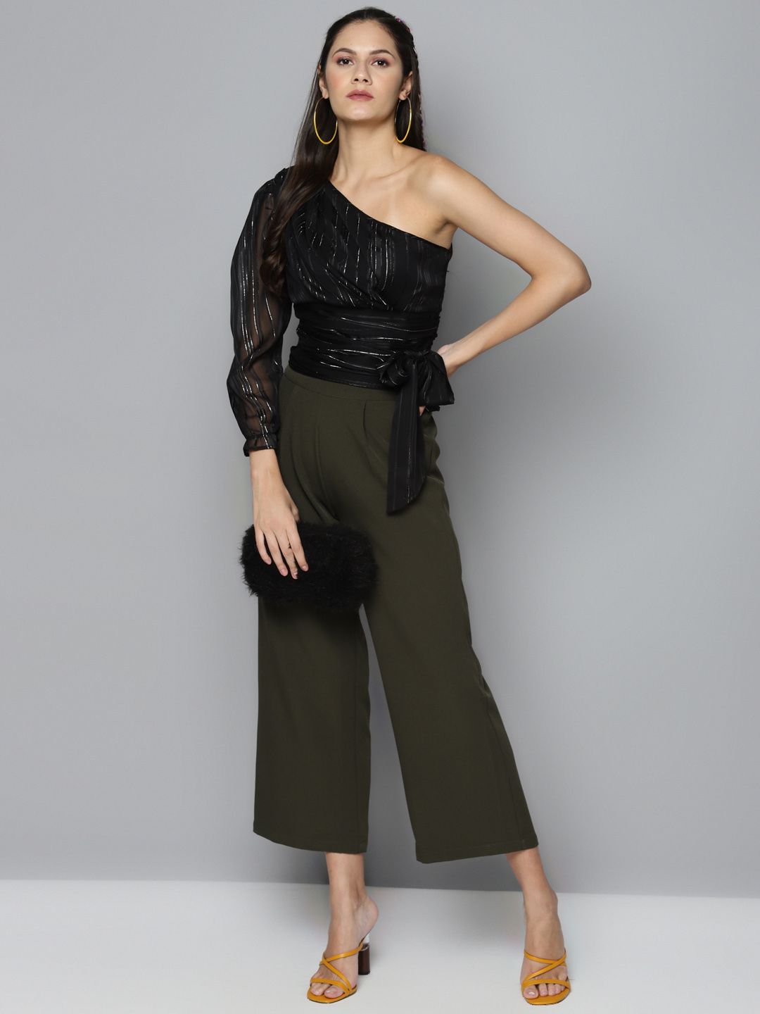 Sassafras Black & Silver Striped One Shoulder Puff Sleeves Cinched Waist Crop Top