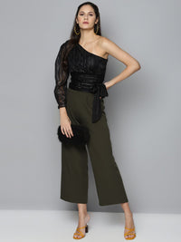 Sassafras Black & Silver Striped One Shoulder Puff Sleeves Cinched Waist Crop Top