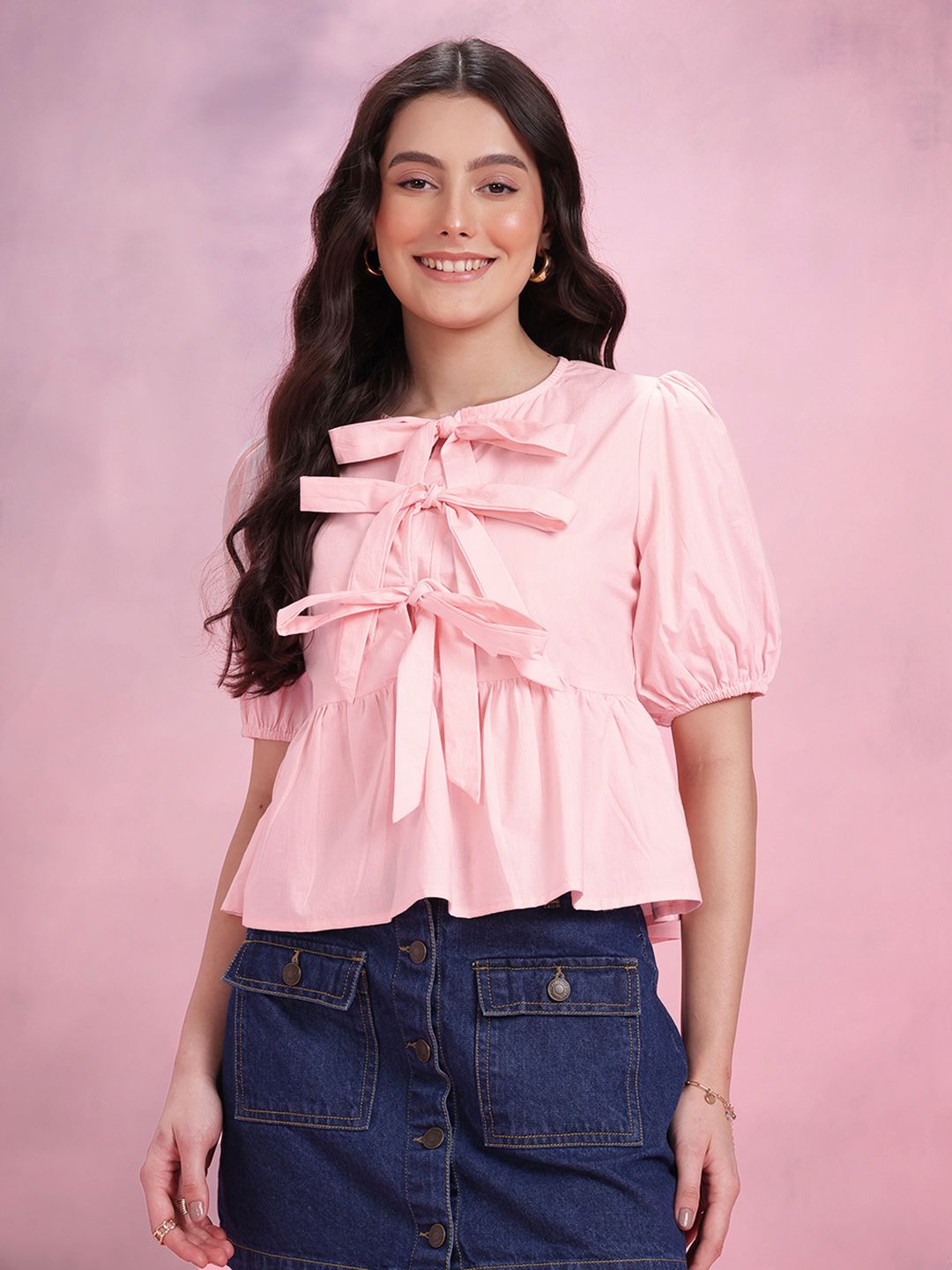 DressBerry Bow Tie-Ups Cotton Peplum Top
