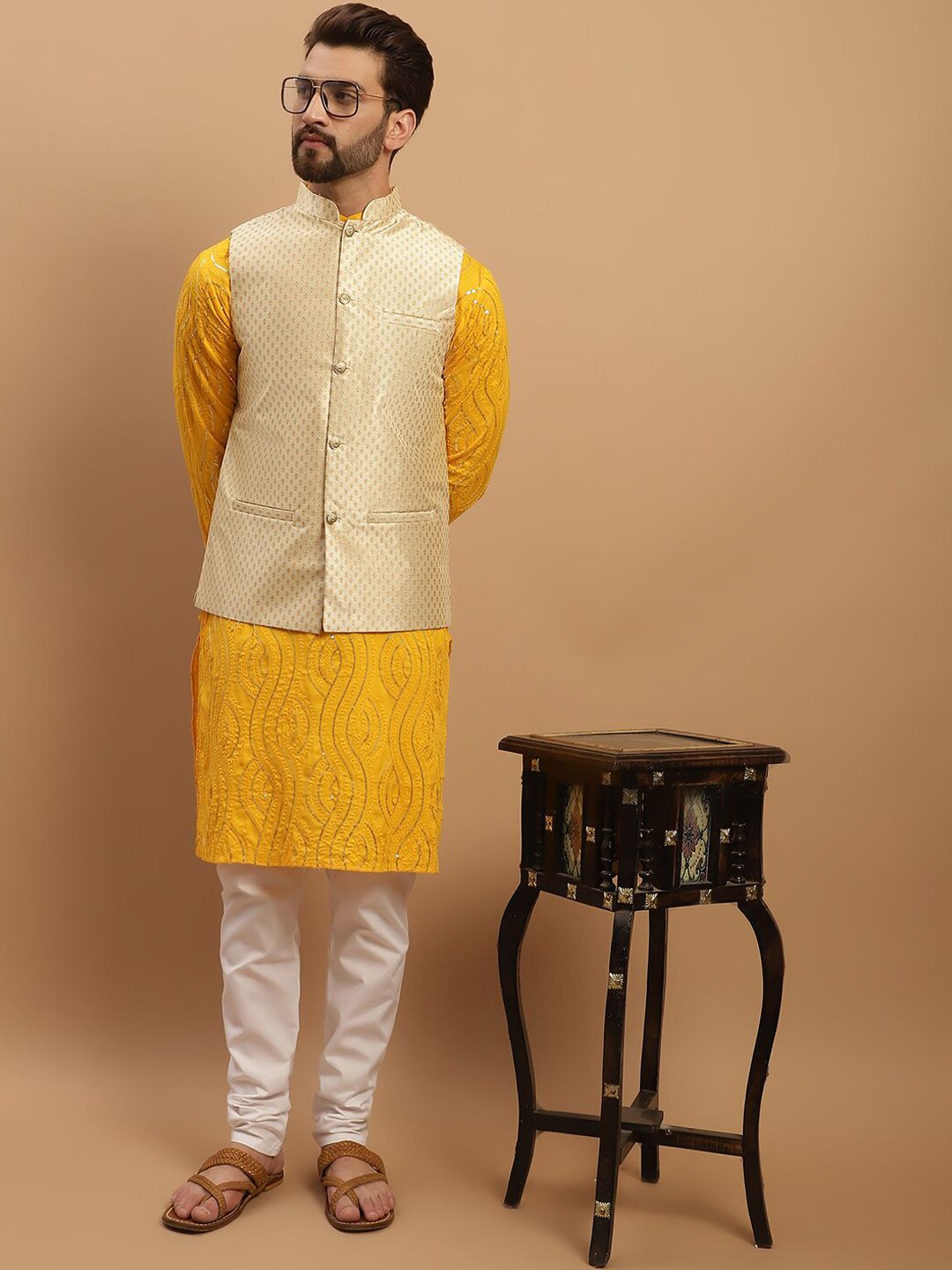 SOJANYA Embroidered Sequinned Pure Cotton Kurta with Churidar & Woven Design Nehru Jacket