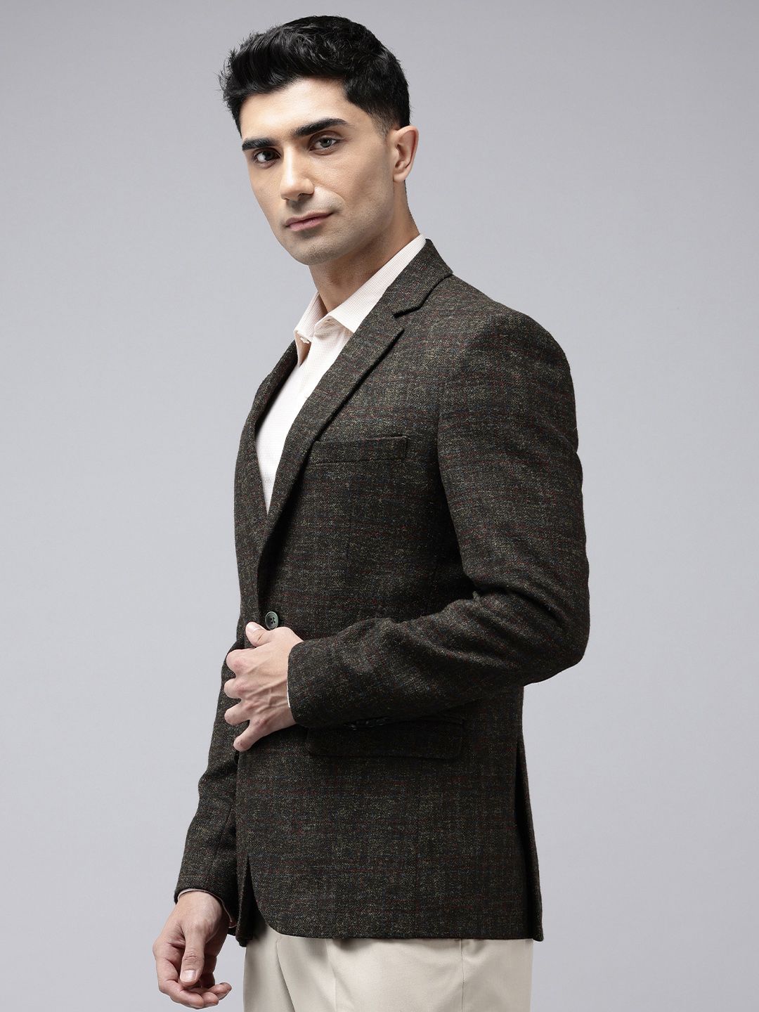 Park Avenue Checked Slim Fit Notched Lapel Single-Breasted Formal Blazer