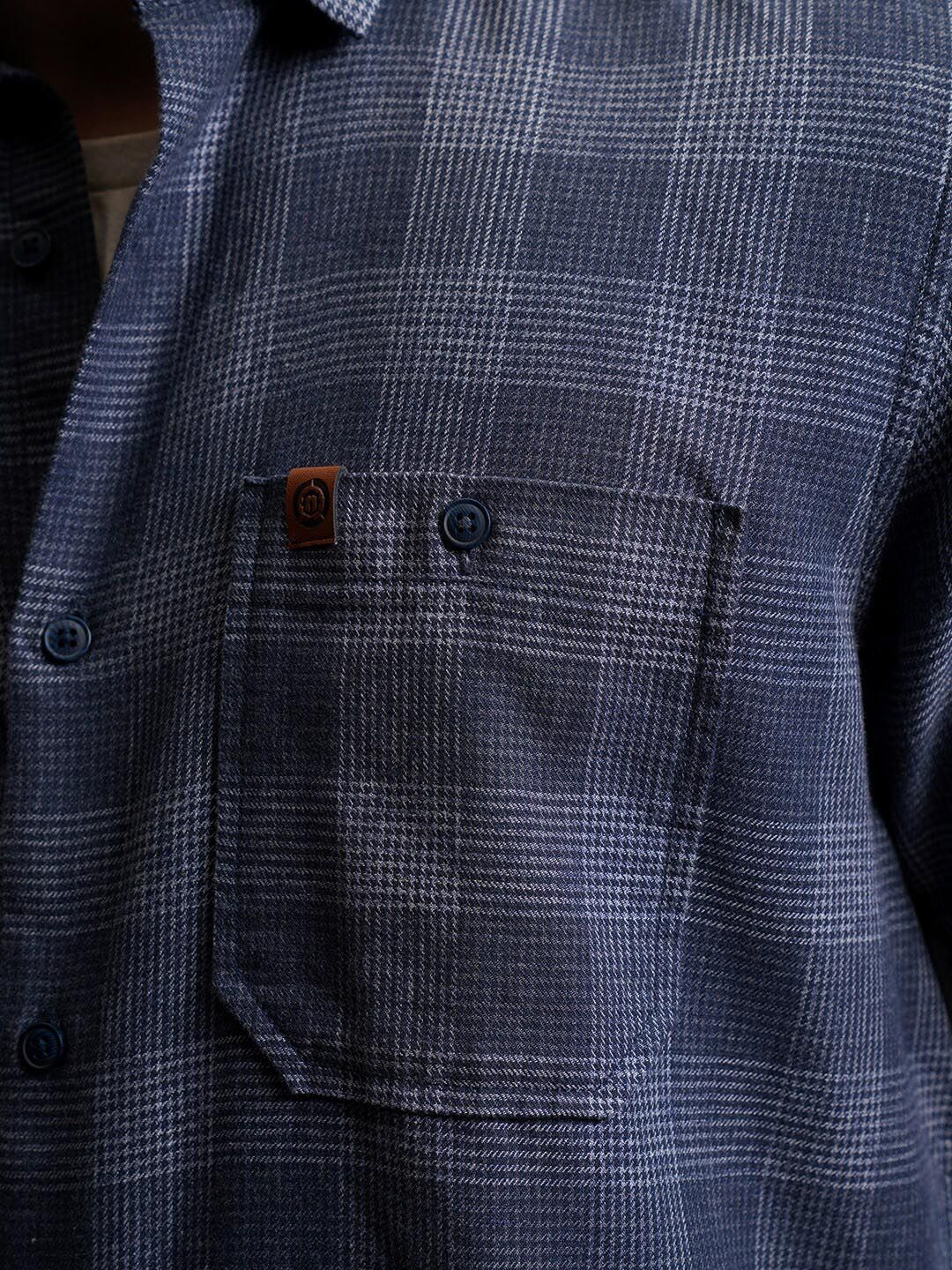 Locomotive Men Blue Linen Blend Checked Utility Pocket Regular Shirt