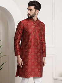 SOJANYA Floral Woven Design Mandarin Collar Silk Cotton Kurta