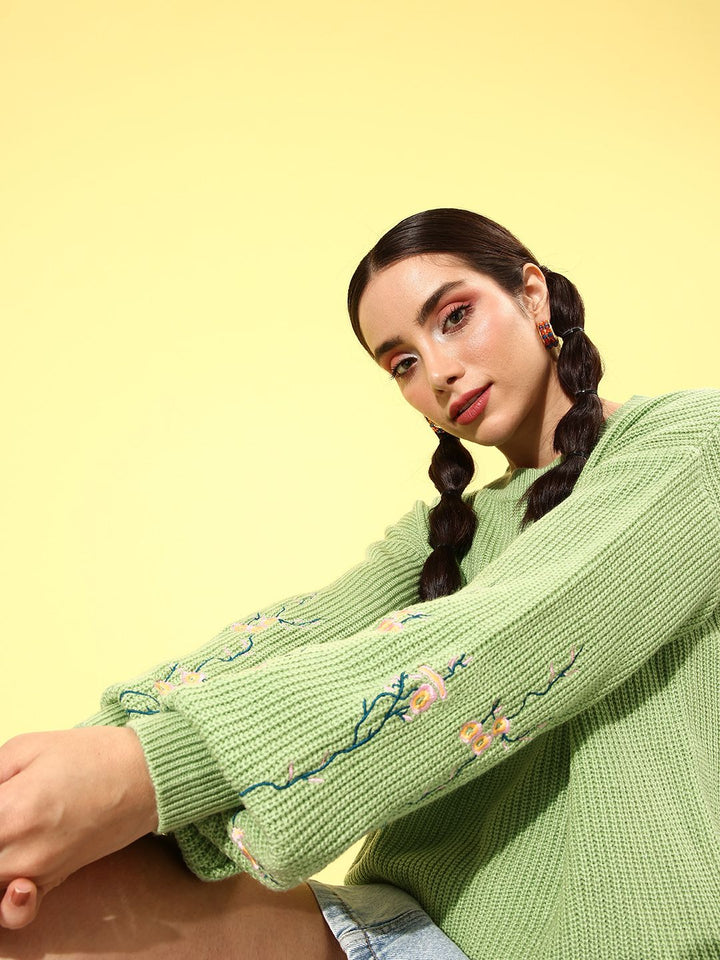 DressBerry Round Neck Pullover With Floral Embroidered Detail On Sleeves